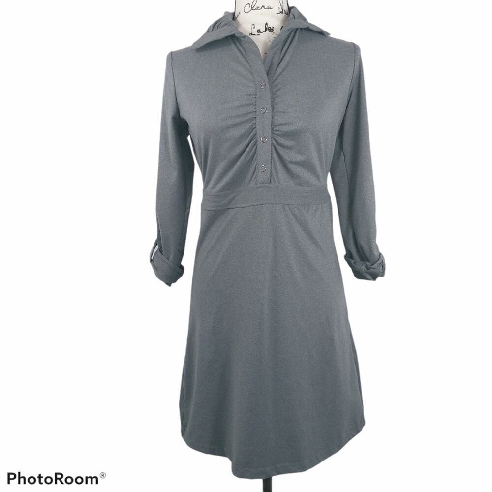 TEHAMA Athletic Roll Sleeve Gray Button Casual Stretchy Neutral Dress Sz XS
